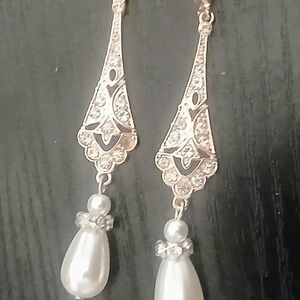 Elegant White Pearl Drop Earrings with Crystal Filigree